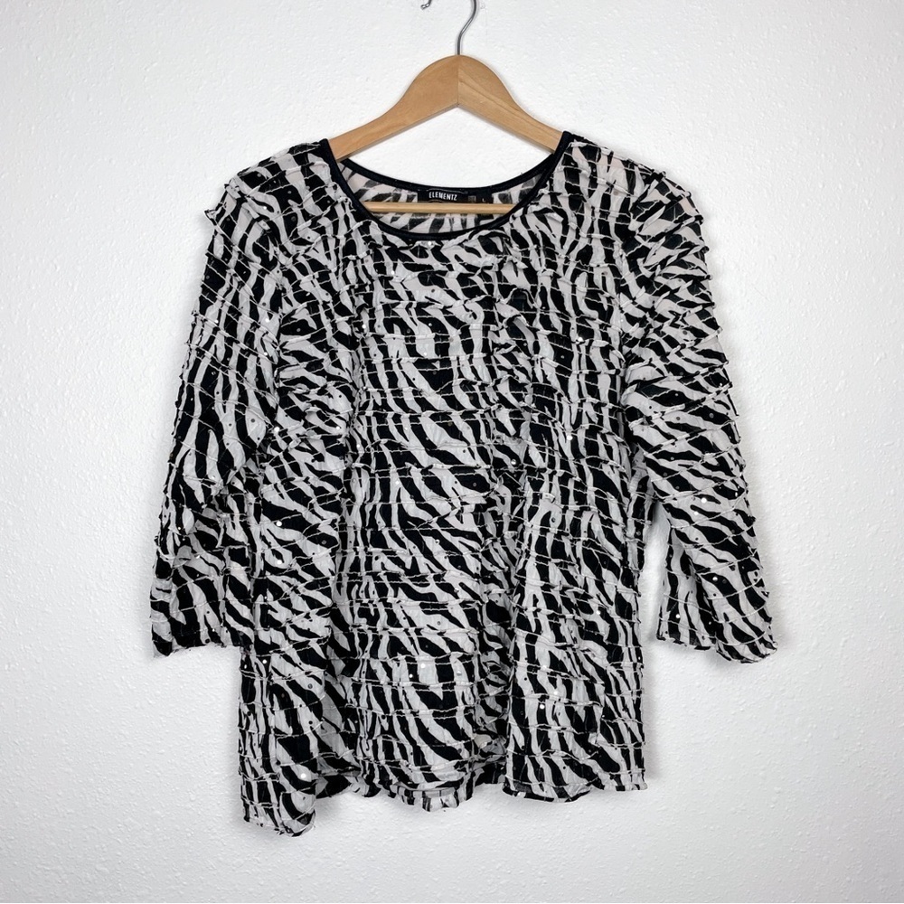ELEMENTZ Sz. L sequined ruffle zebra stripe blouse w/ 3/4 sleeve | vibrant, ecc